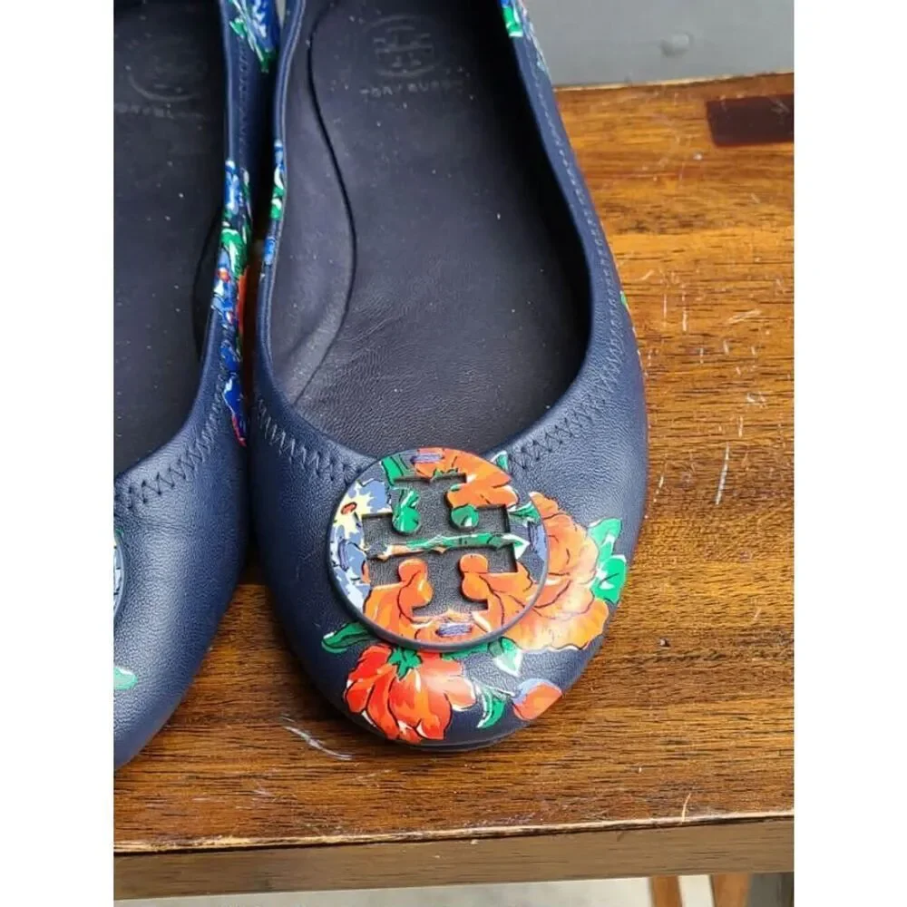 Tory Burch Navy and Red Floral Leather Ballet Flats size 8